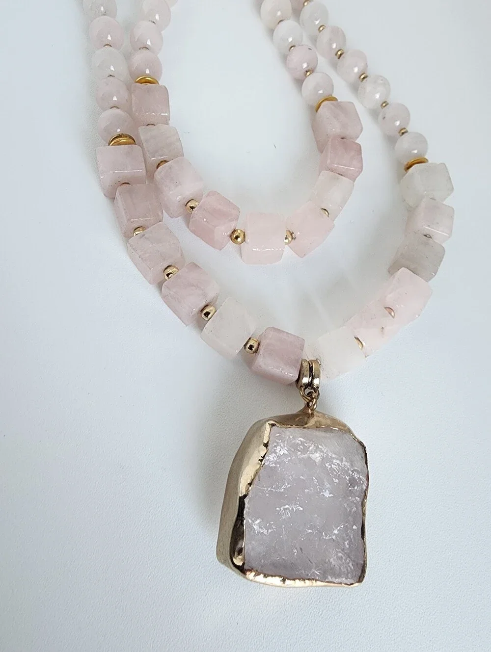 Rose Quartz Statement Necklace Double Strand Raw Stone Pendant 18" - Picture 5 of 5